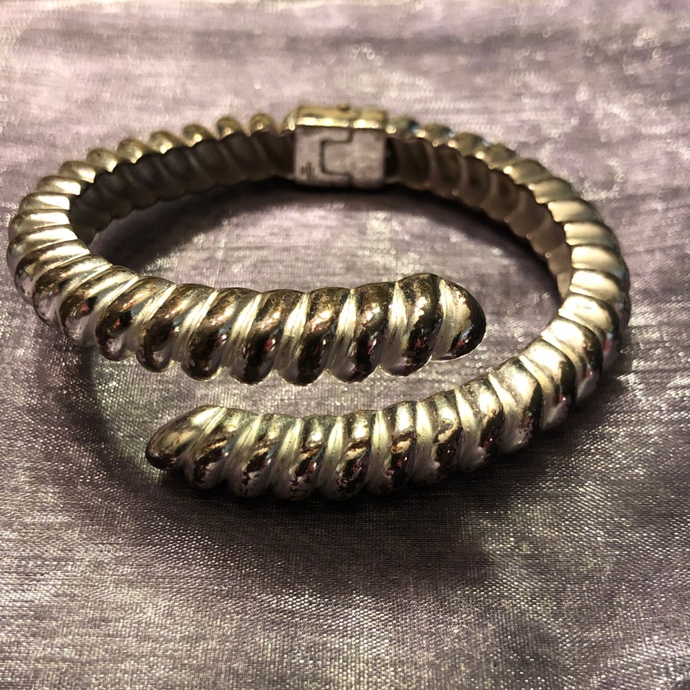 Lauren Ralph Lauren Silver-Tone Spiral Ribbed Hinged Cuff Bracelet